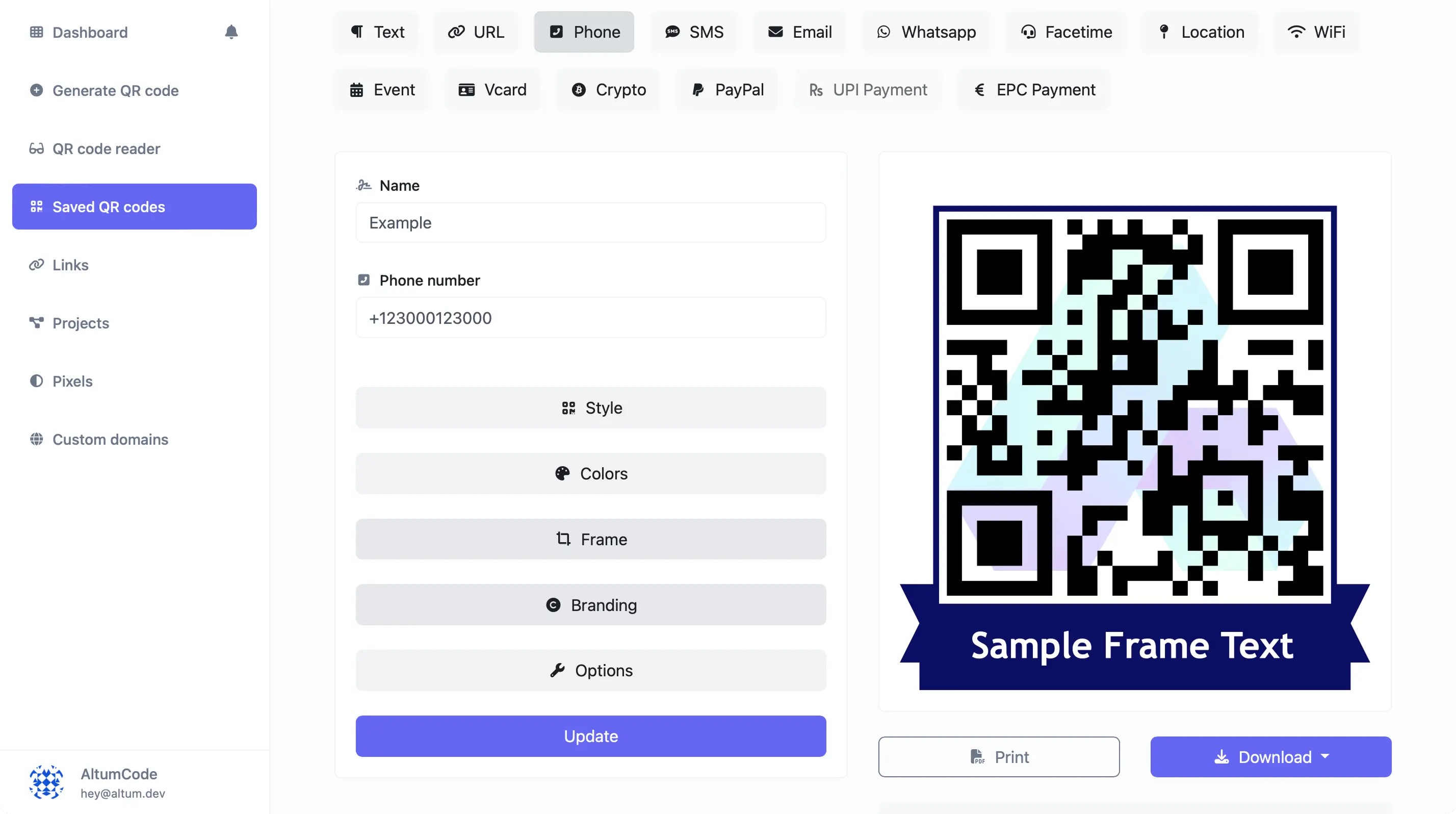 Screenshot of the QR code generator page